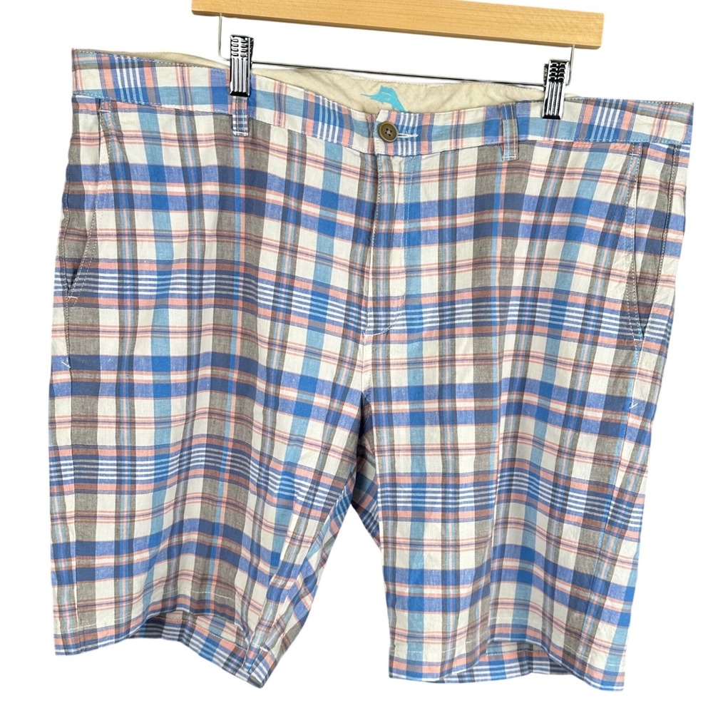 Tommy Bahama Mens 42 Blue Plaid Linen Blend Flat Front Shorts Casual Summer